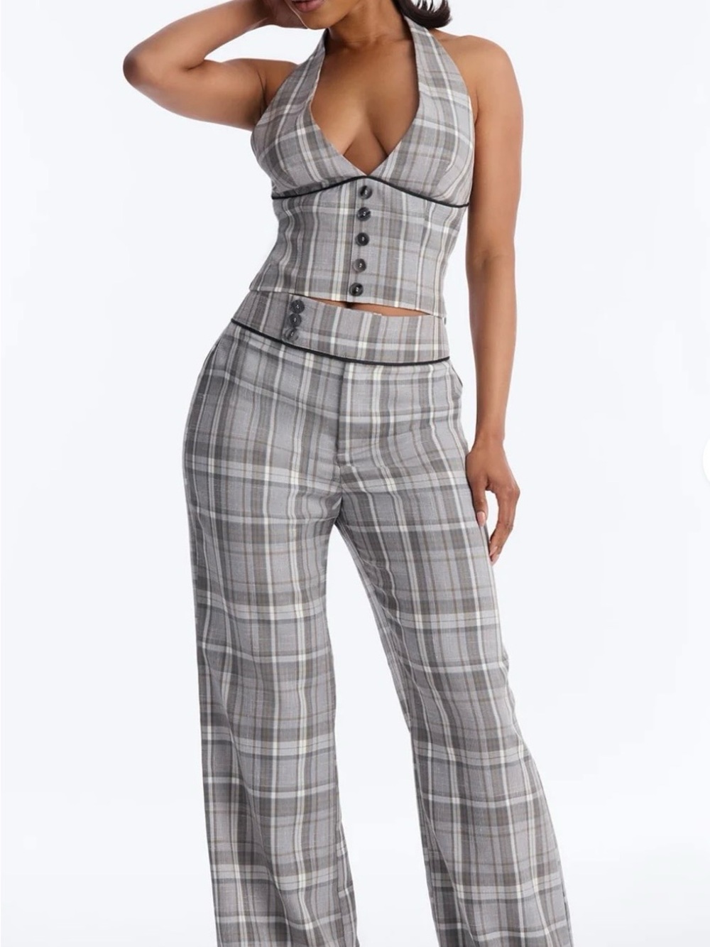 Fashion Nova Gray Plaid Halter Vest & Wide-Leg Pants Set
